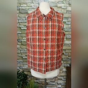 Womens Large Orange Red Plaid Vest Snap Button Front Quilted Cottagecore